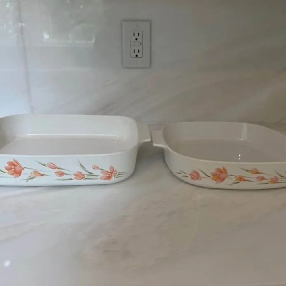 Vintage 1980’s CorningWare Peach Floral Casserole Dishes - Set Lasagna + 2.5 L